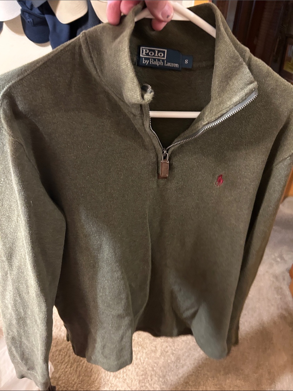 Polo by Ralph Lauren Olive Green Half-Zip Sweater with Red Pony